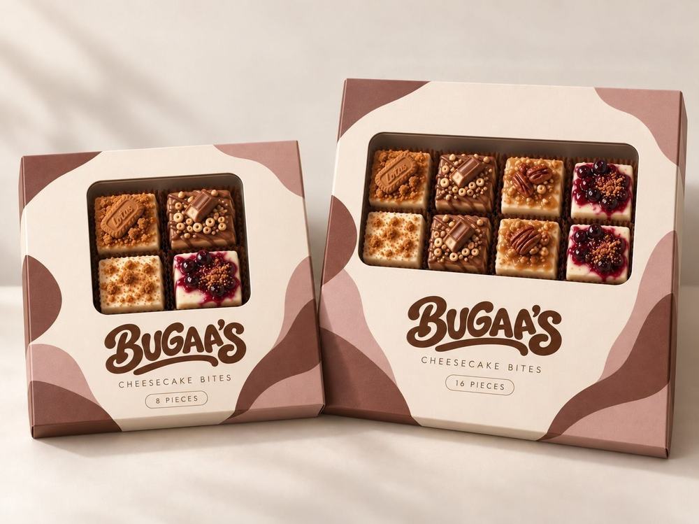 Two Bugaa's boxes of cheesecake bites, 8 and 16 pieces, showing Biscoff, chocolate, pecan caramel and black cherry bites